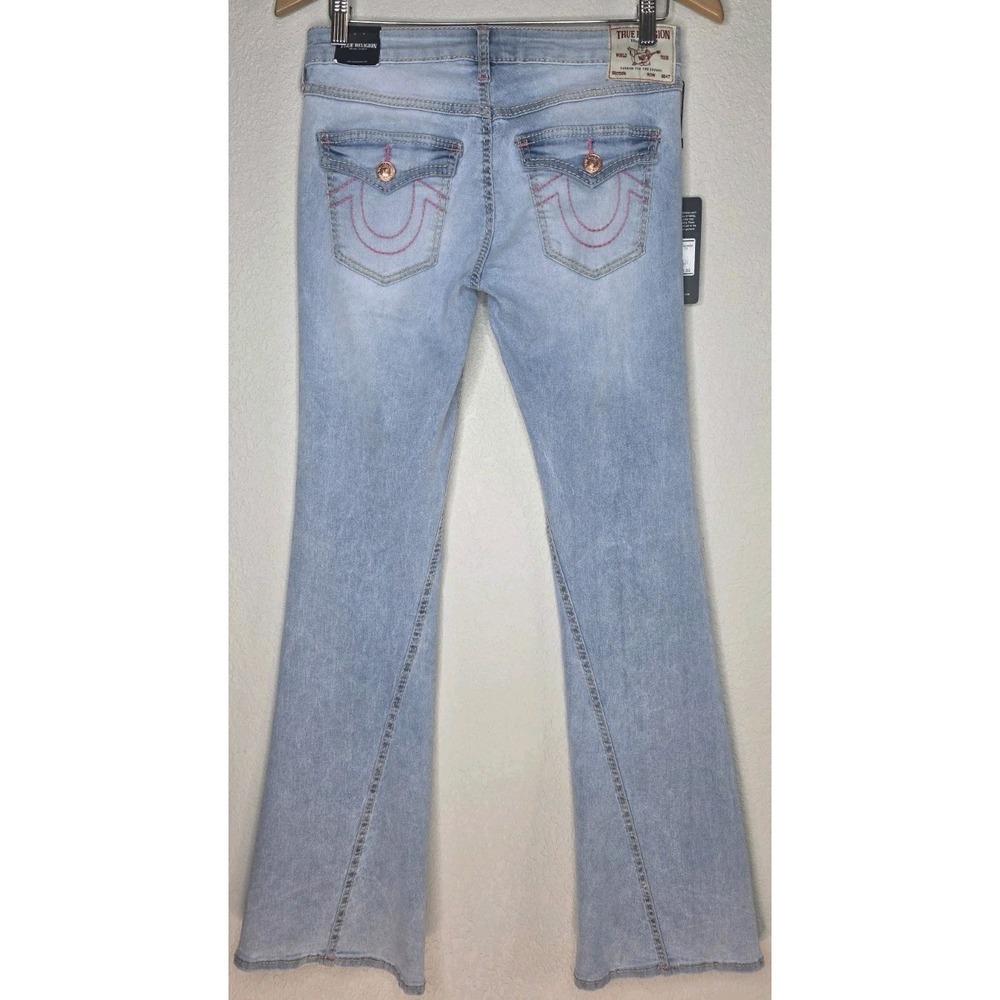 New True Religion Women 27x32 Joey Mid Rise Flared Jeans Y2K Light Wash Boho